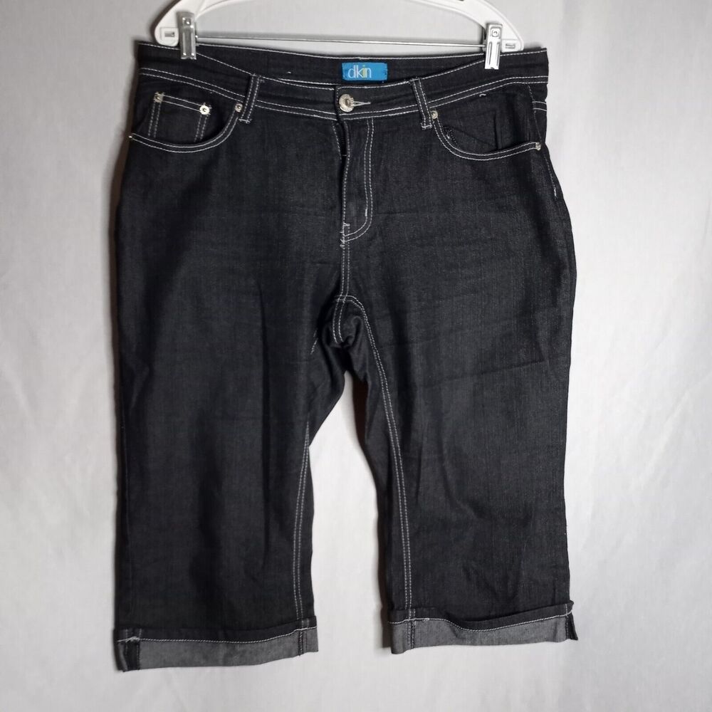 dKin Jeans Capris Womens 14W Dark Wash Cuffed Hem Embellished Pockets Casual